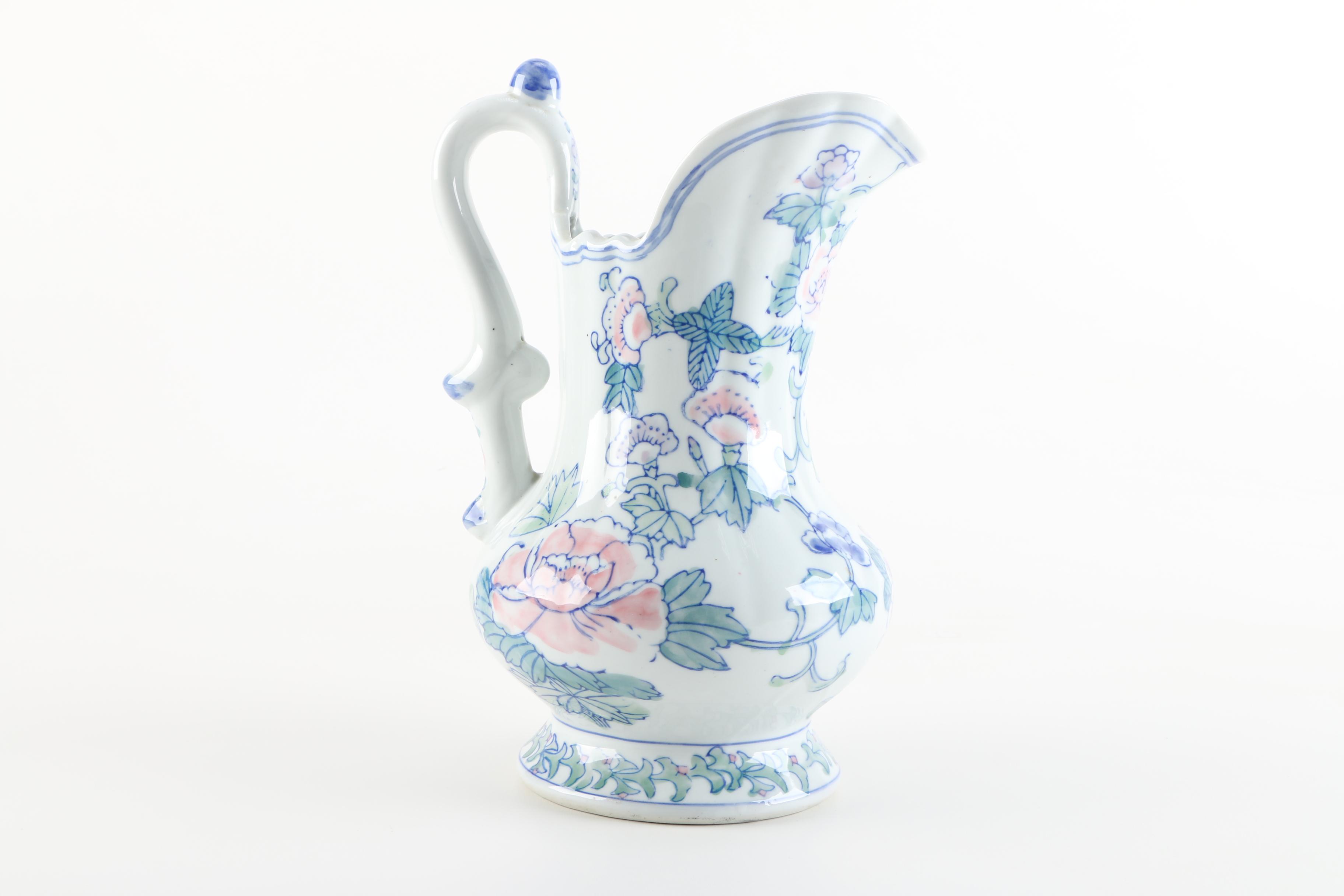 Contemporary Floral Ceramic Wash Pitcher and Basin
