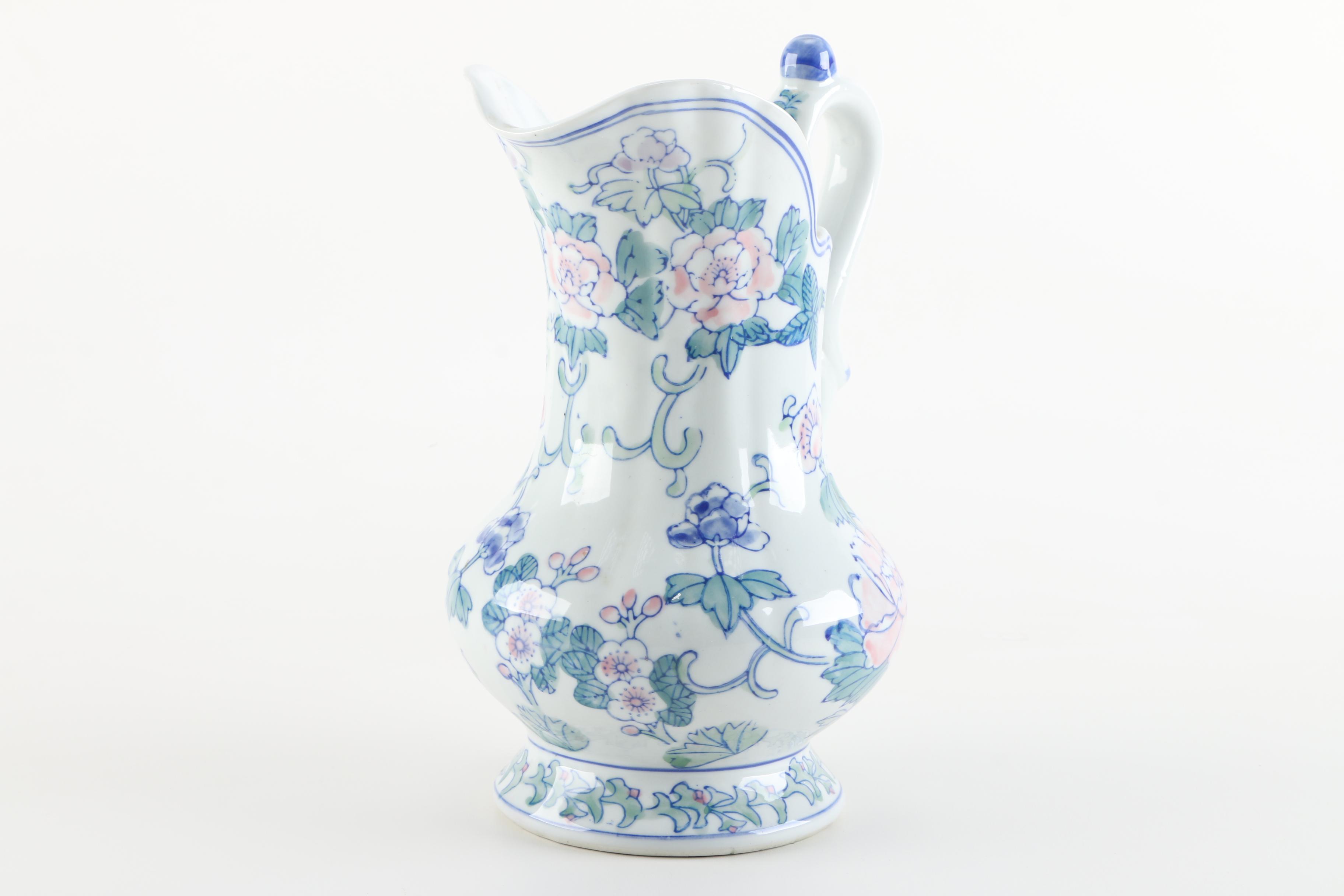 Contemporary Floral Ceramic Wash Pitcher and Basin