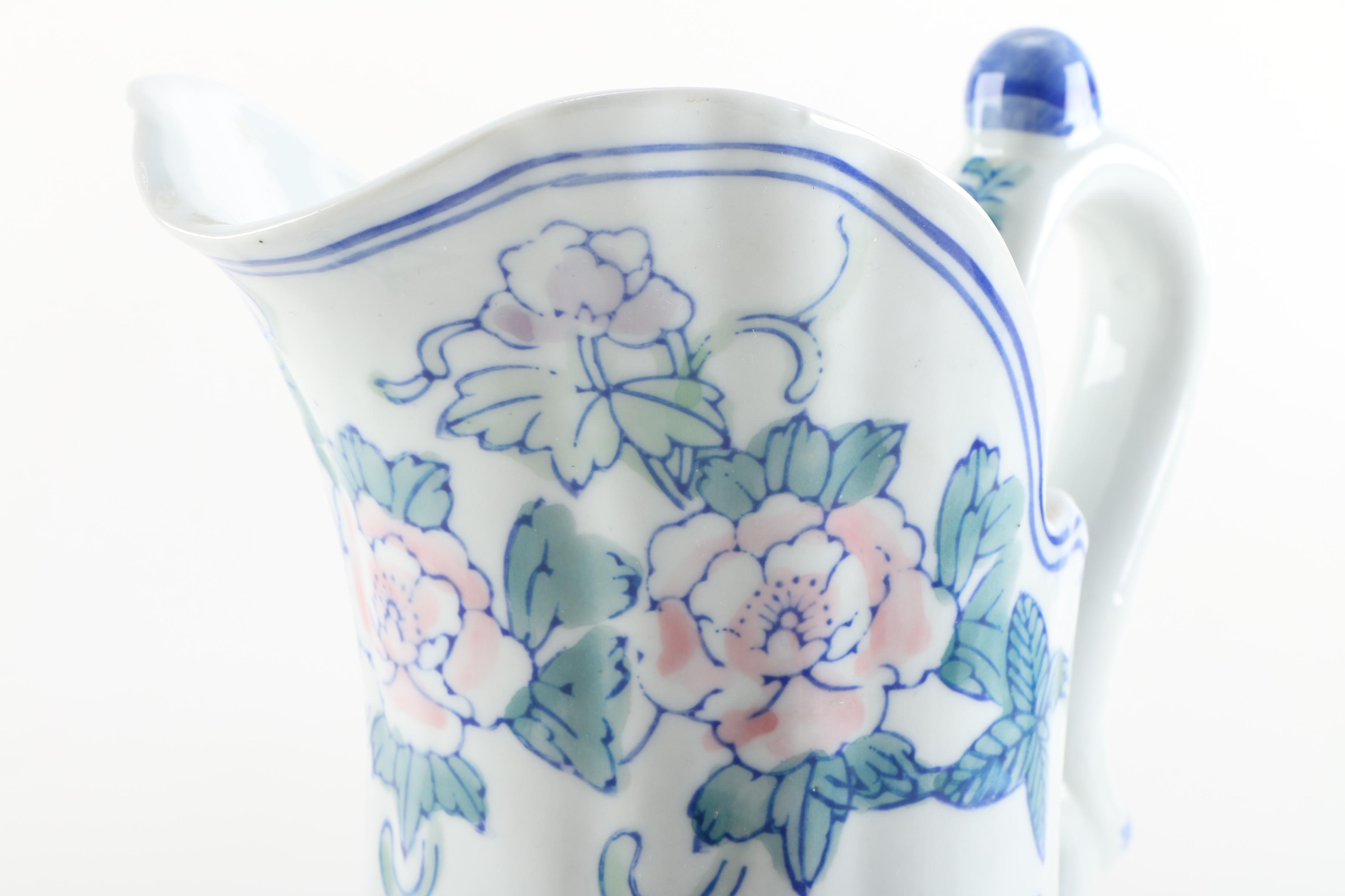 Contemporary Floral Ceramic Wash Pitcher and Basin