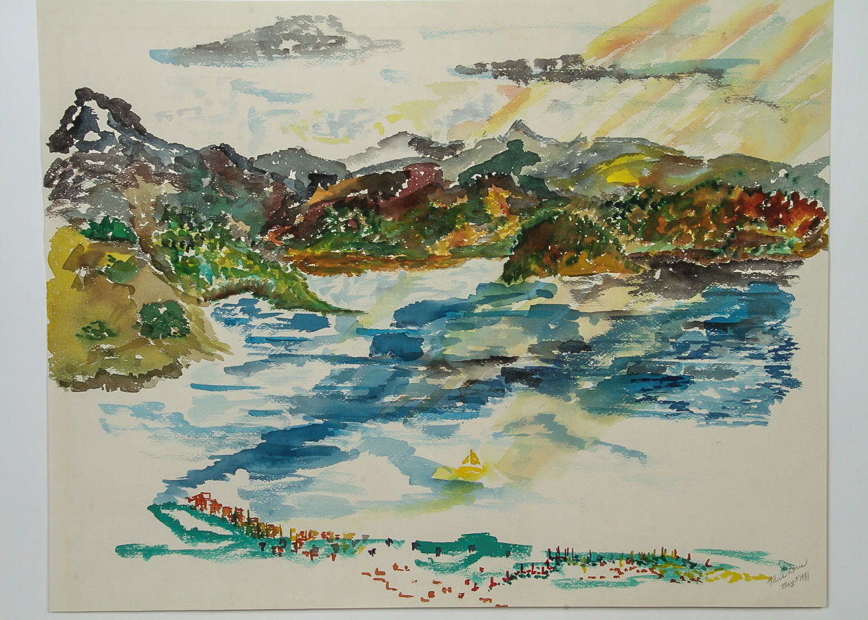 Miss Doris Watercolor Painting on Paper "Sunset Lake Landscape"