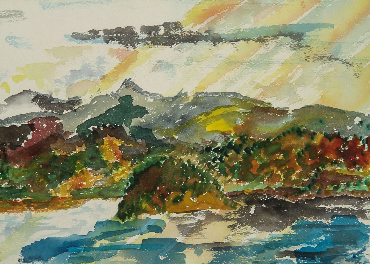 Miss Doris Watercolor Painting on Paper "Sunset Lake Landscape"
