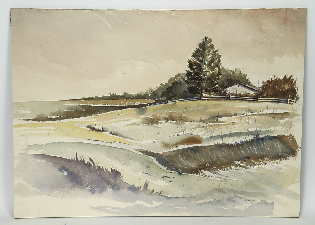 Rod Newhall Mixed Media Painting on Paperboard "Evening Landscape"