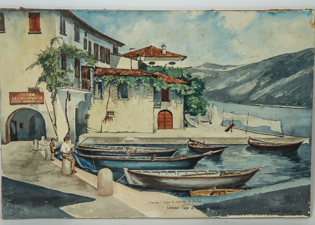 Romolo Tonelli Watercolor Painting on Cardstock "Boys Fishing in Lake Garda"