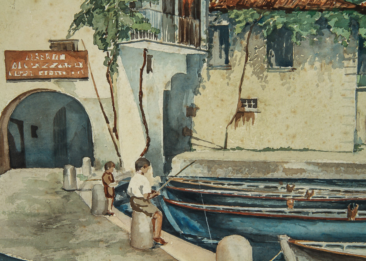 Romolo Tonelli Watercolor Painting on Cardstock "Boys Fishing in Lake Garda"