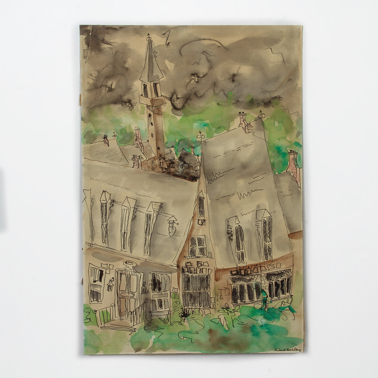 Racheal Dahlong Watercolor Painting on Paper "Town Center"