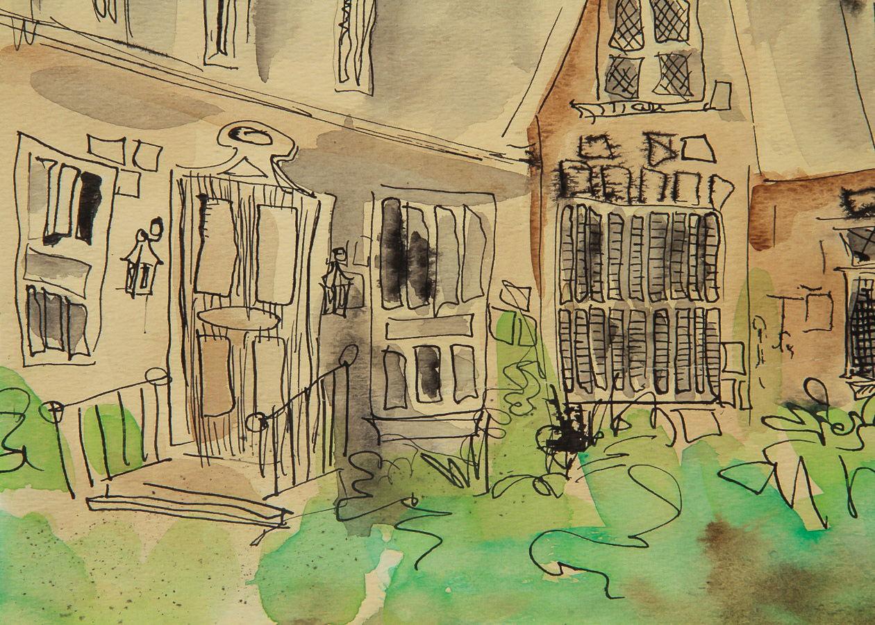 Racheal Dahlong Watercolor Painting on Paper "Town Center"