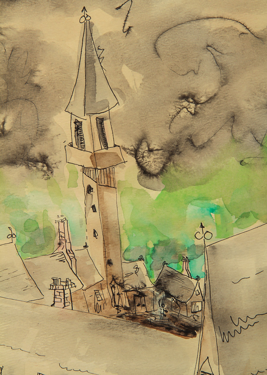 Racheal Dahlong Watercolor Painting on Paper "Town Center"