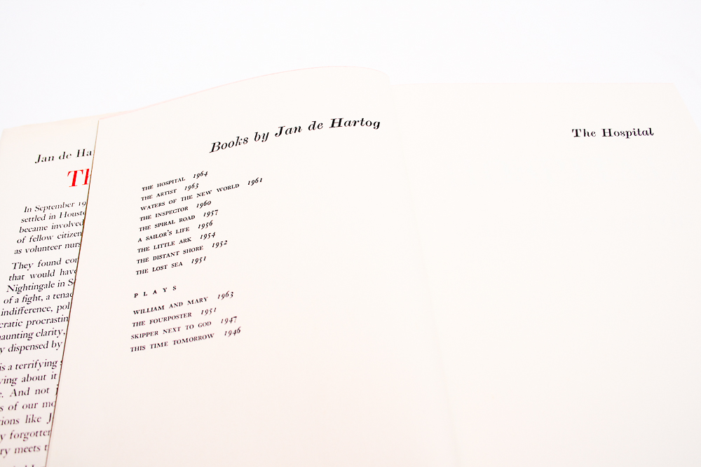First Edition, Second Printing of "The Hospital" by Jan de Hartog