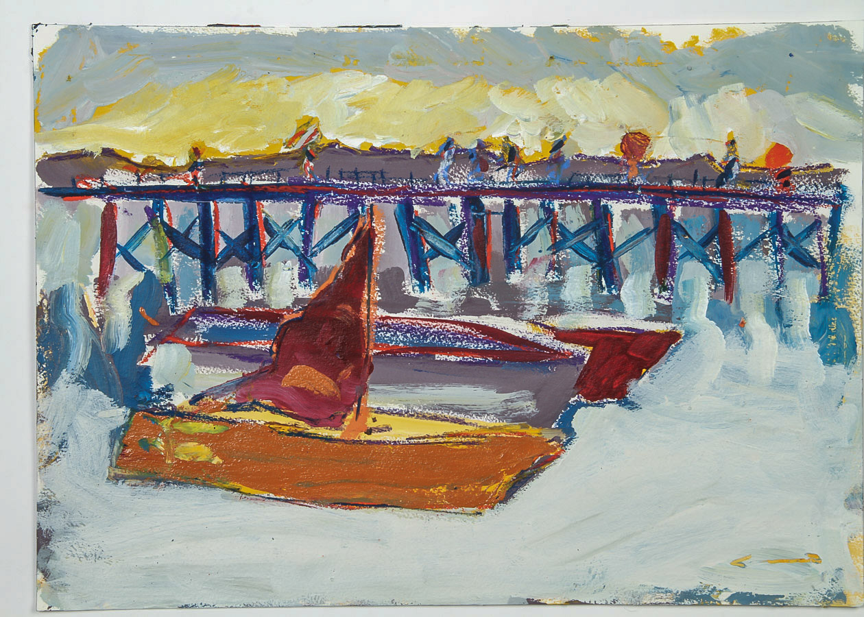Robert Canete Oil and Crayon Painting on Paper "Santa Cruz Wharf"