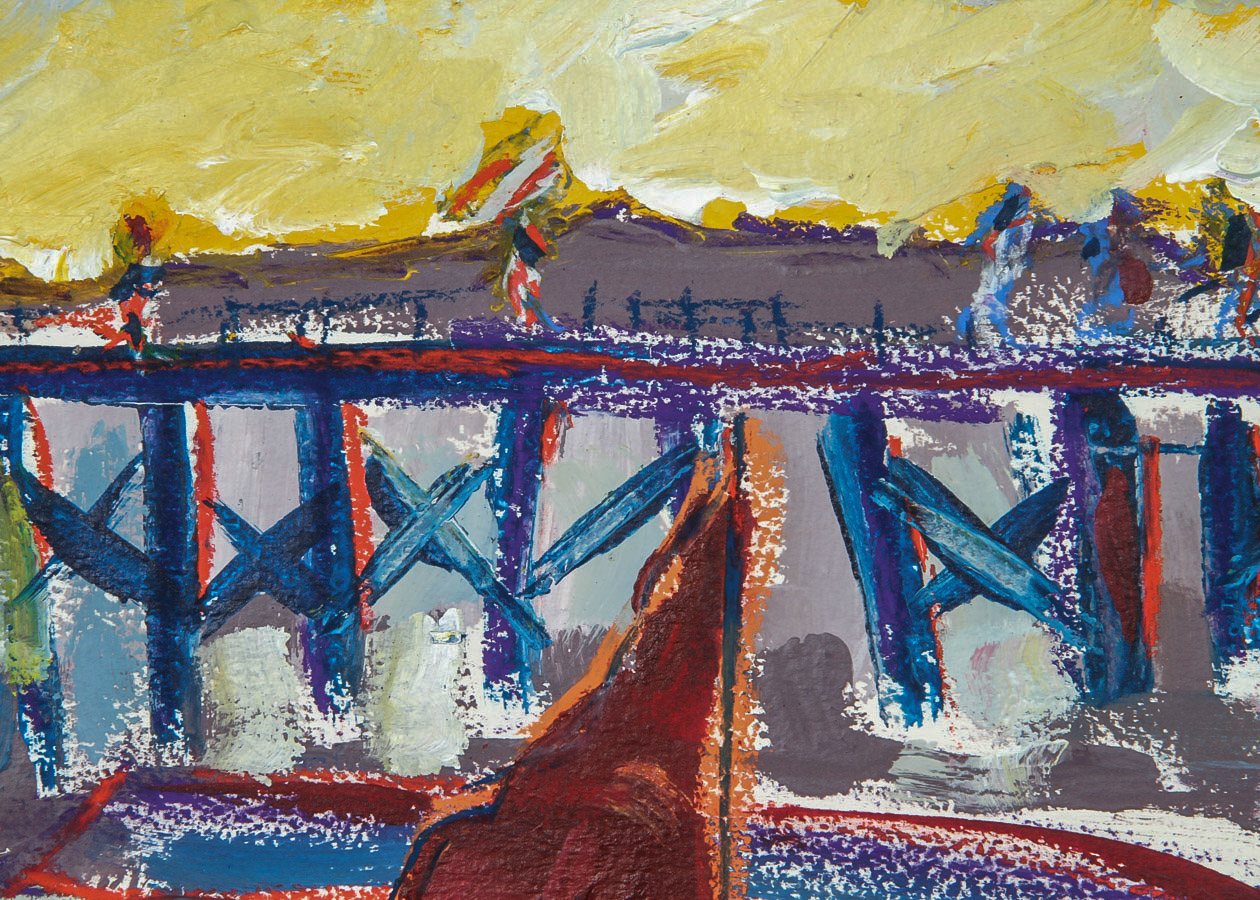 Robert Canete Oil and Crayon Painting on Paper "Santa Cruz Wharf"