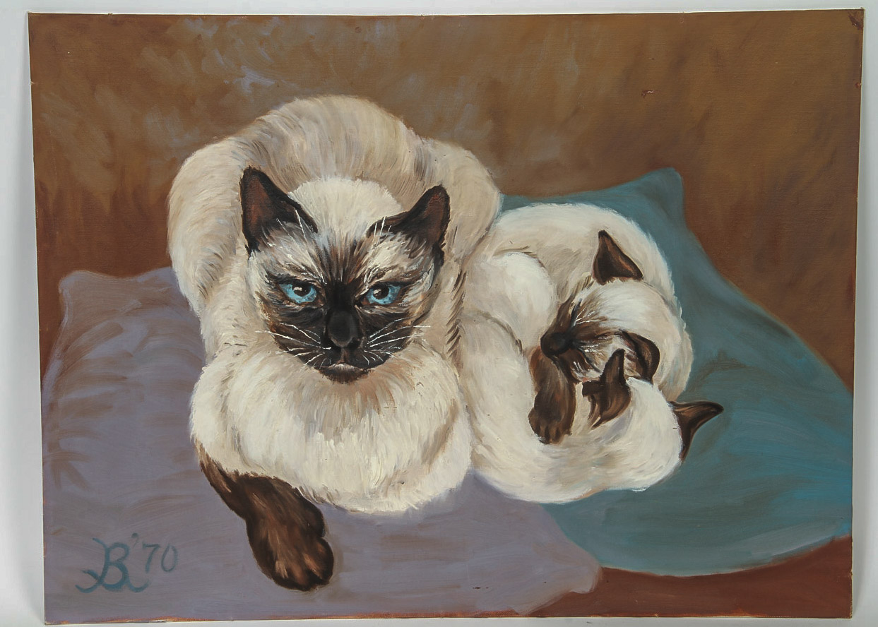 Oil Painting on Canvas Board "Siamese Cat with Kittens"
