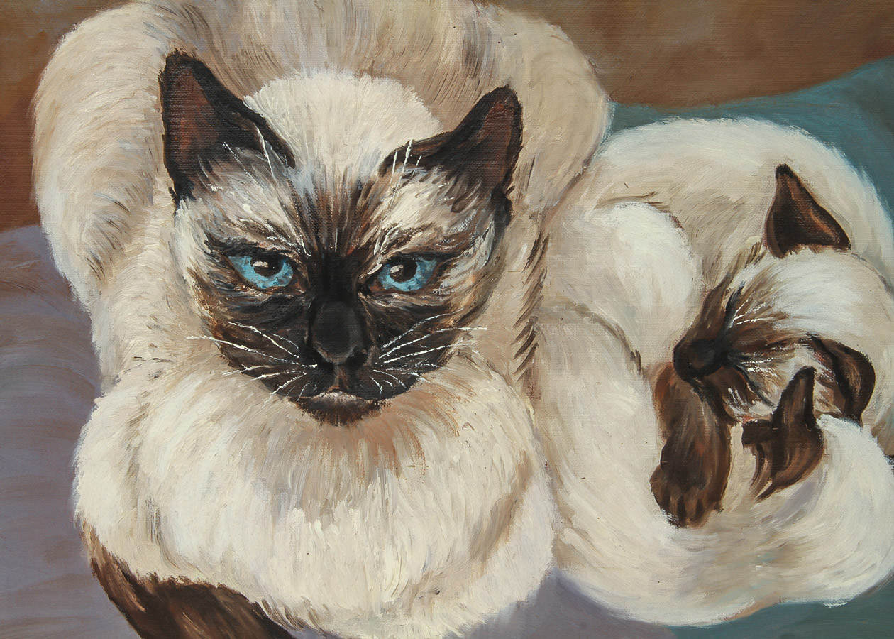 Oil Painting on Canvas Board "Siamese Cat with Kittens"