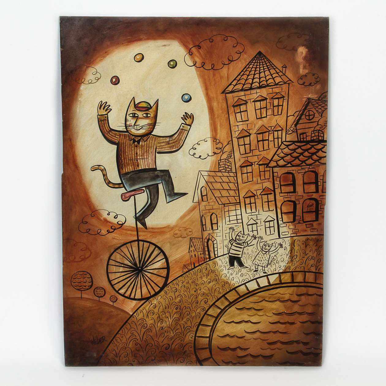 Weber Acrylic Painting on Board "Acrobatic Cat"