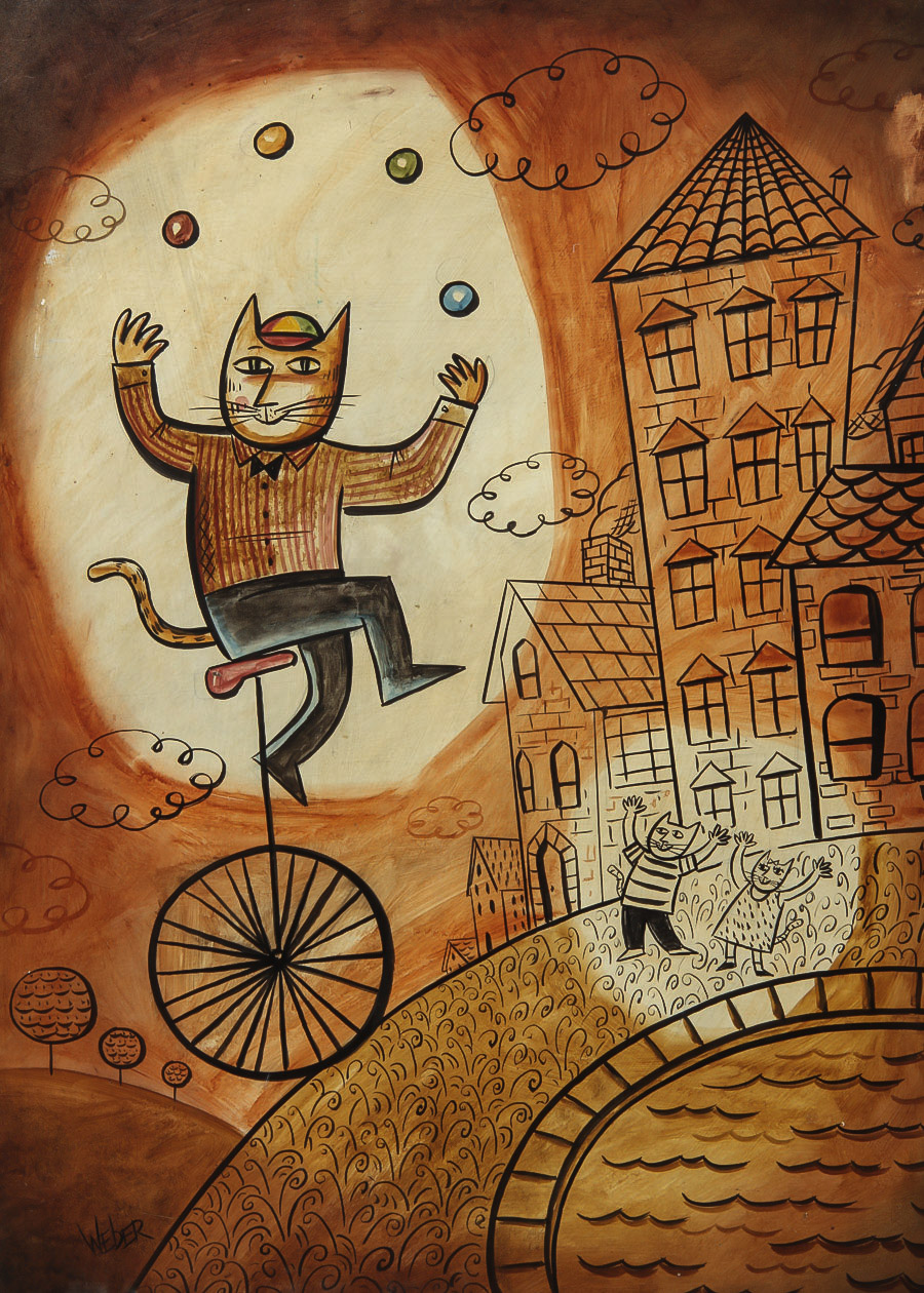Weber Acrylic Painting on Board "Acrobatic Cat"
