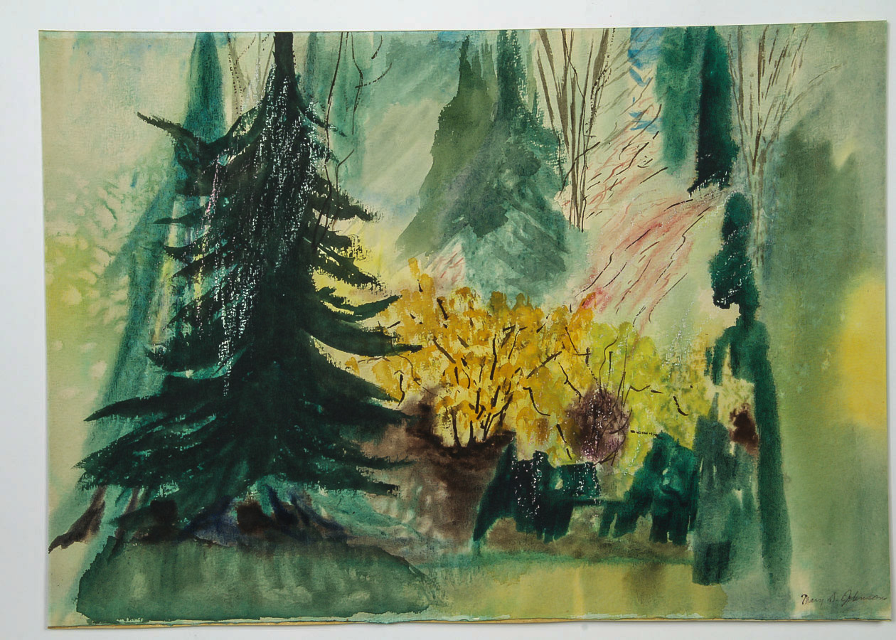 Mary S. Johnson Mixed Media Painting on Paper "Sunset through the Trees"