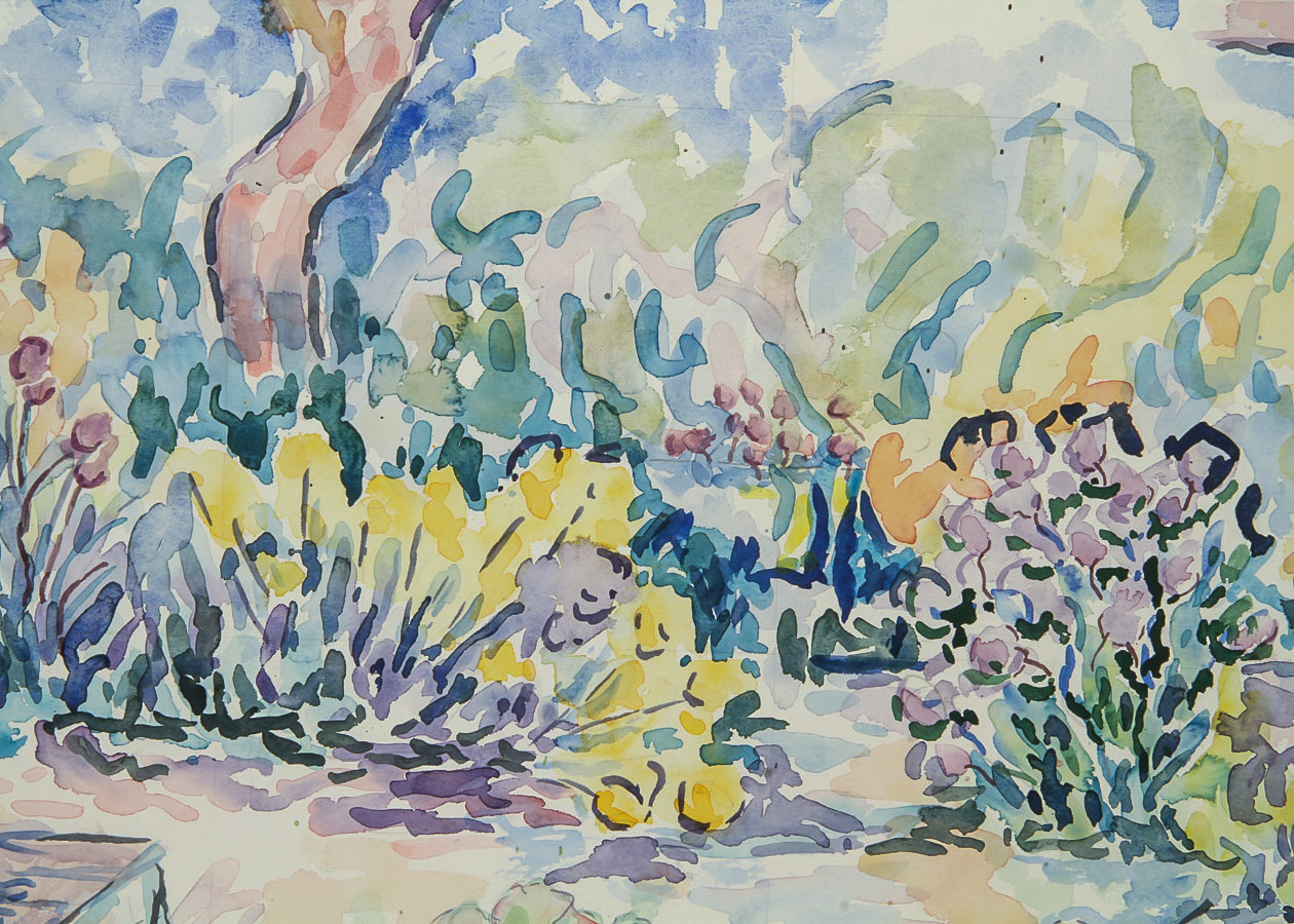 Donald Geoffroy Watercolor on Paper "Verdant Garden"