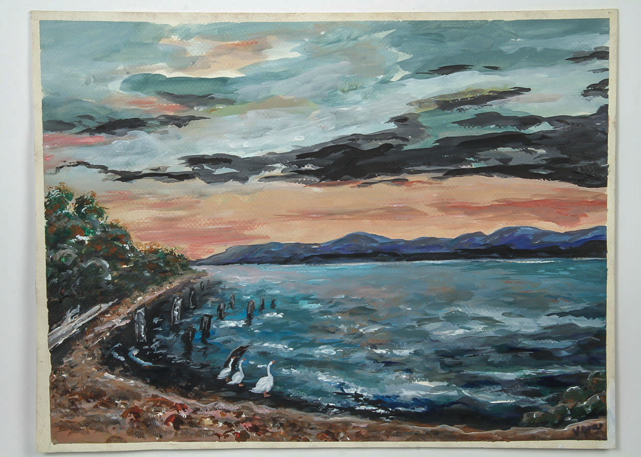 Vera Indenbaum Acrylic and Gouache Painting on Paper "Lake Landscape"