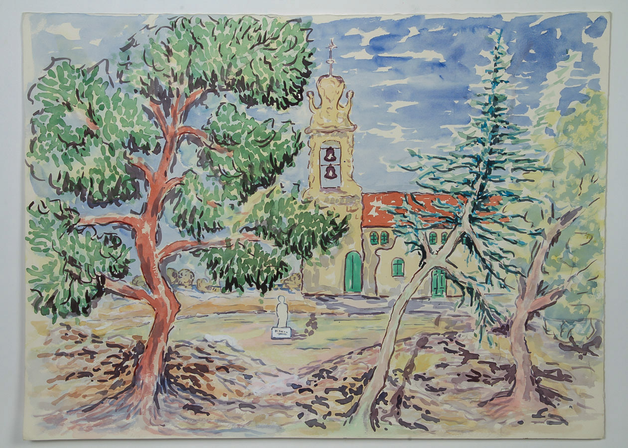 Donald Geoffroy Watercolor Painting on Paper "Spanish Colonial Church"