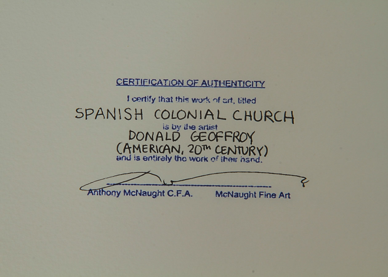 Donald Geoffroy Watercolor Painting on Paper "Spanish Colonial Church"