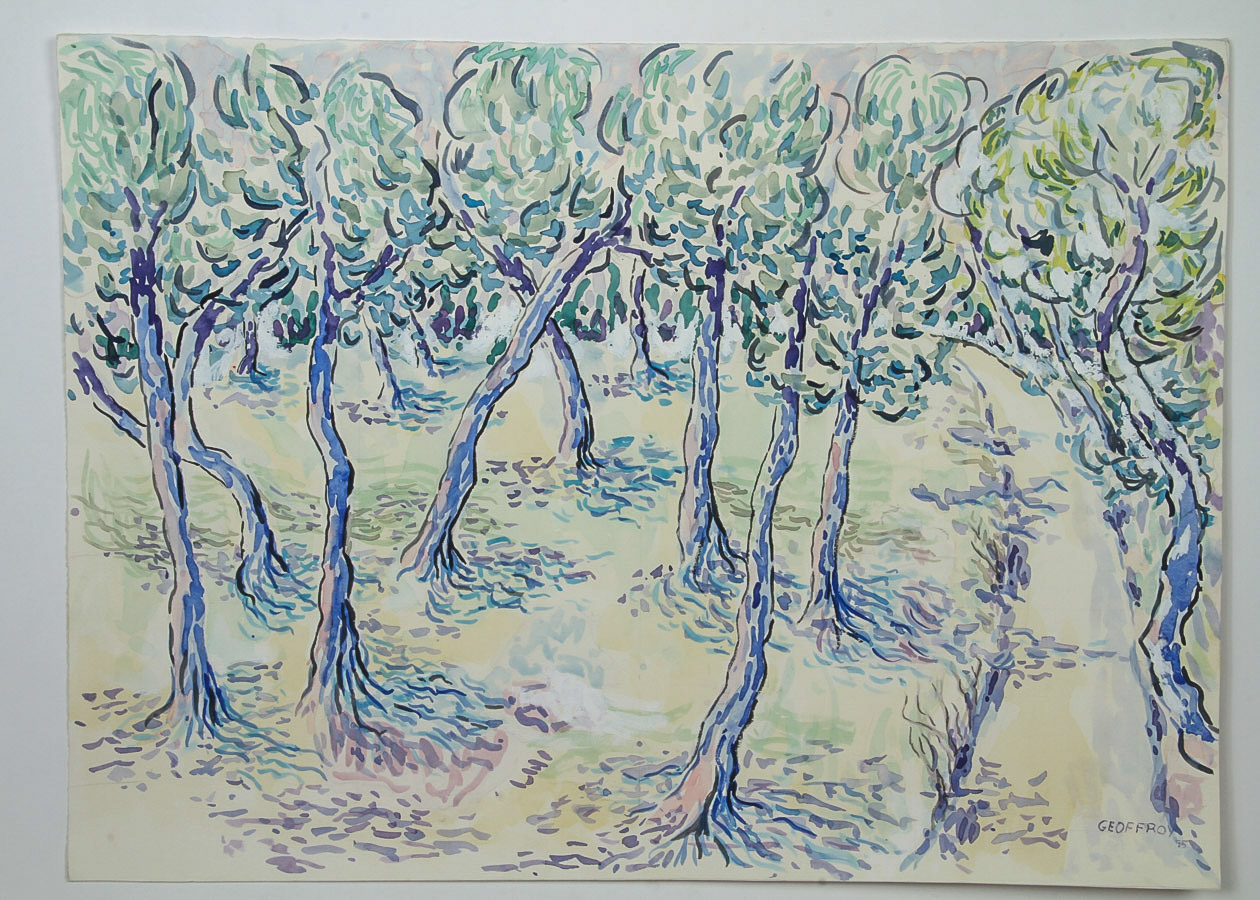 Donald Geoffroy Watercolor and Gouache Painting on Paper "Grove of Trees"