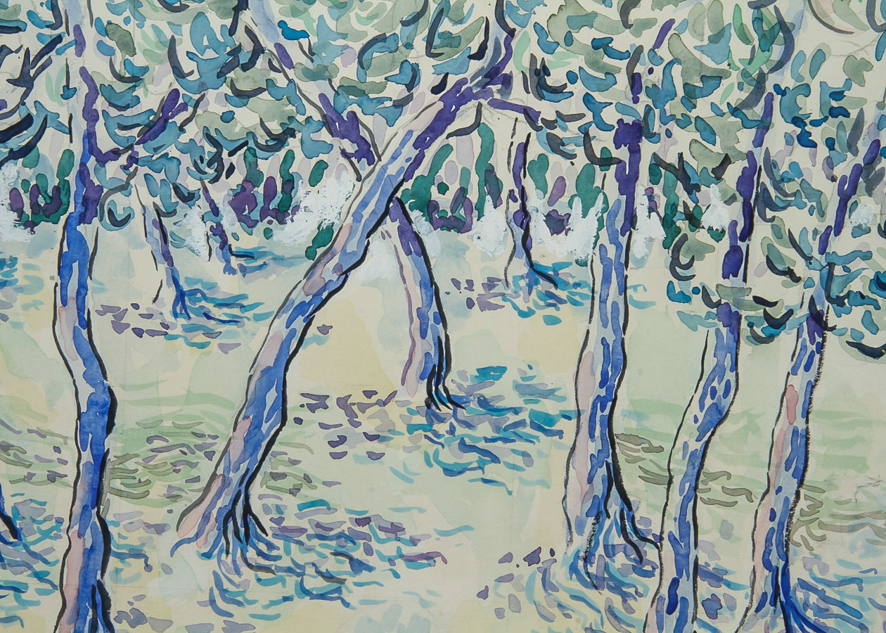 Donald Geoffroy Watercolor and Gouache Painting on Paper "Grove of Trees"