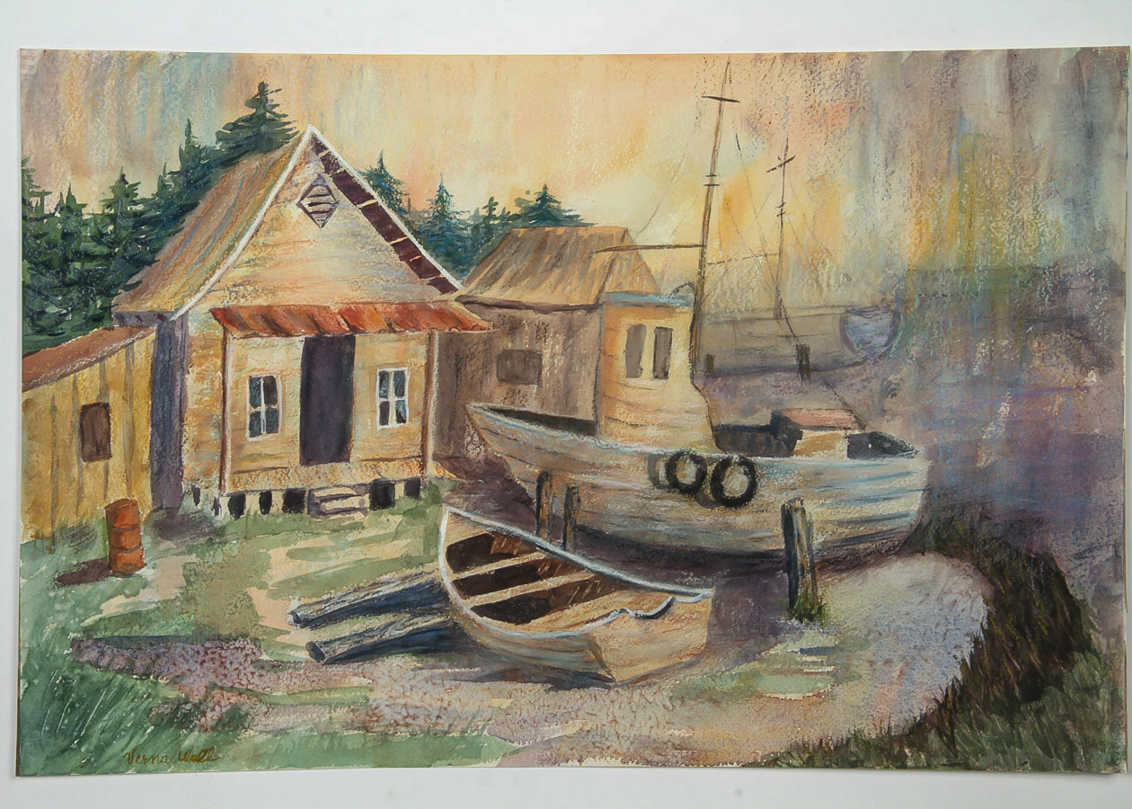 Verna Wall Mixed Media Painting on Paper "The Old Boatyard"