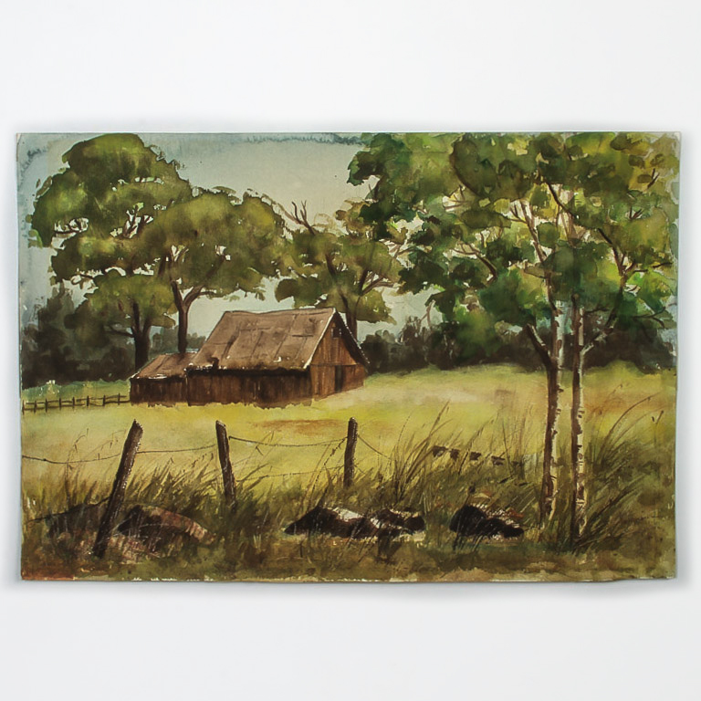 Signed Watercolor Painting on Paper "Old Wooden Barn"