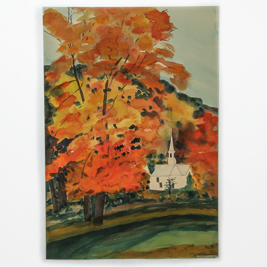 Signed Watercolor Painting on Paper of Fall Landscape
