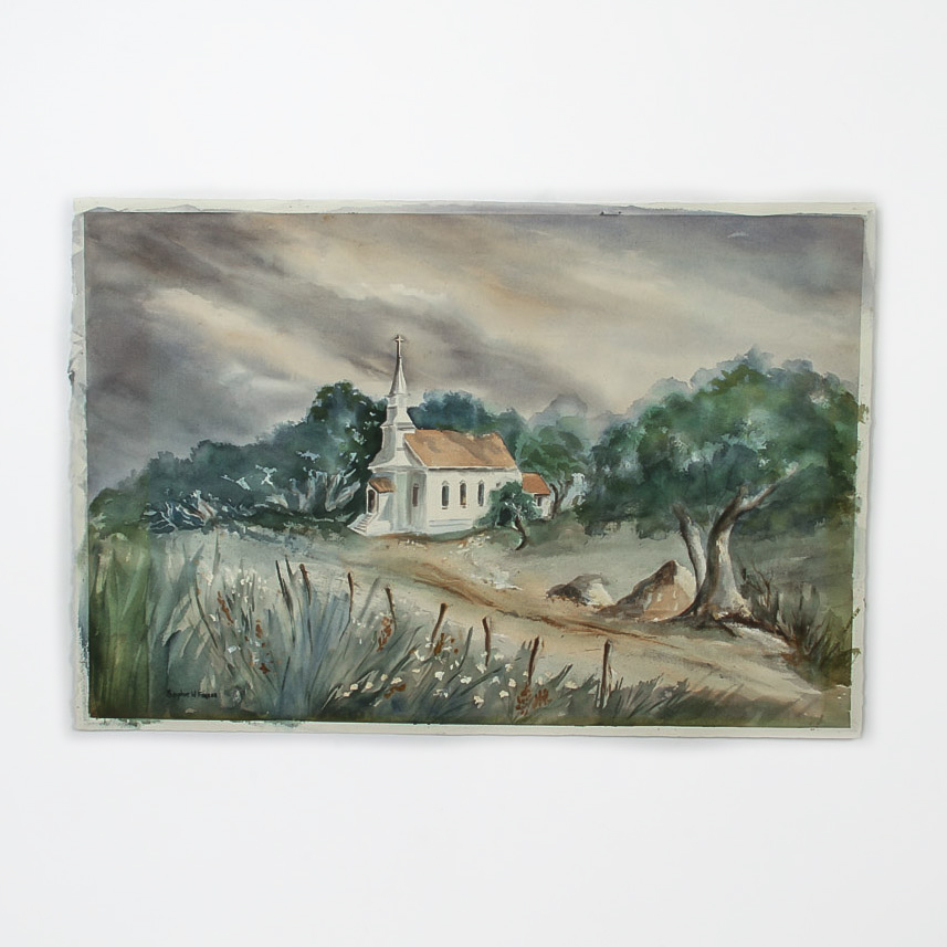 Sophie Farrar Watercolor and Gouache Painting on Paper "The Old White Church"