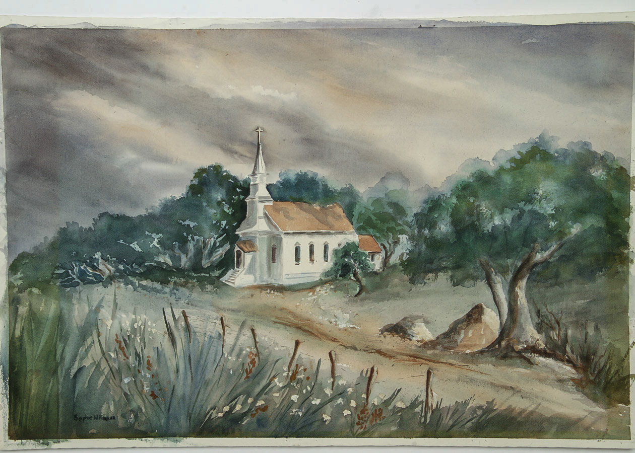 Sophie Farrar Watercolor and Gouache Painting on Paper "The Old White Church"
