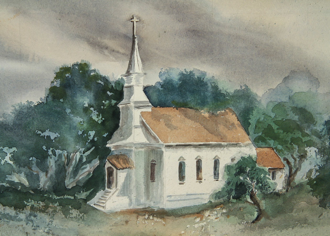 Sophie Farrar Watercolor and Gouache Painting on Paper "The Old White Church"