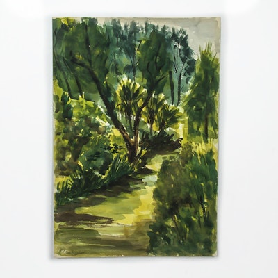 Ina Rijnhard Watercolor Painting on Paper "Sunlit Glen" Ina Rijnhard Watercolor Painting on Paper "Sunlit Glen"