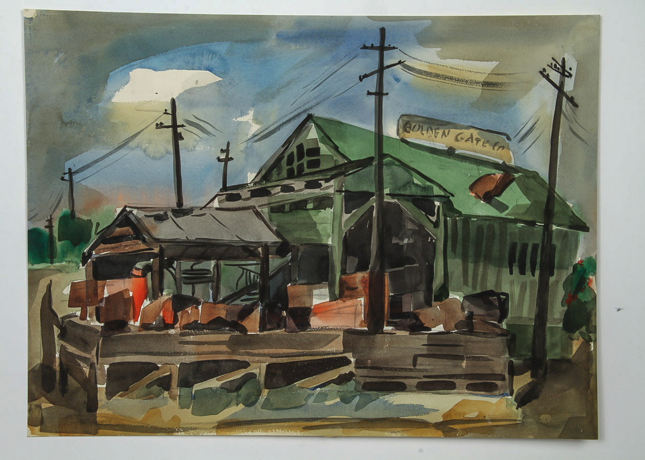 Muriel Backman Watercolor and Crayon Painting on Paper "Old Granite Works"