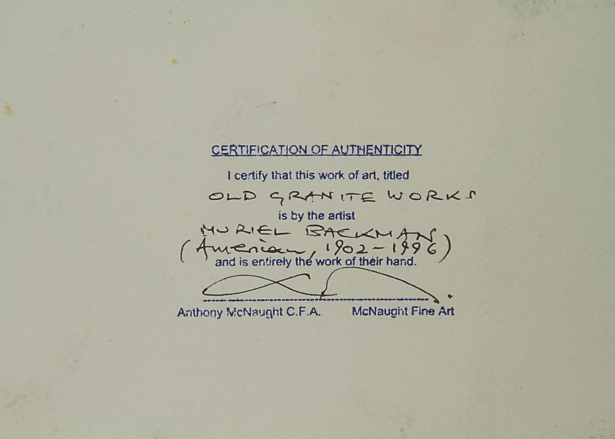 Muriel Backman Watercolor and Crayon Painting on Paper "Old Granite Works"