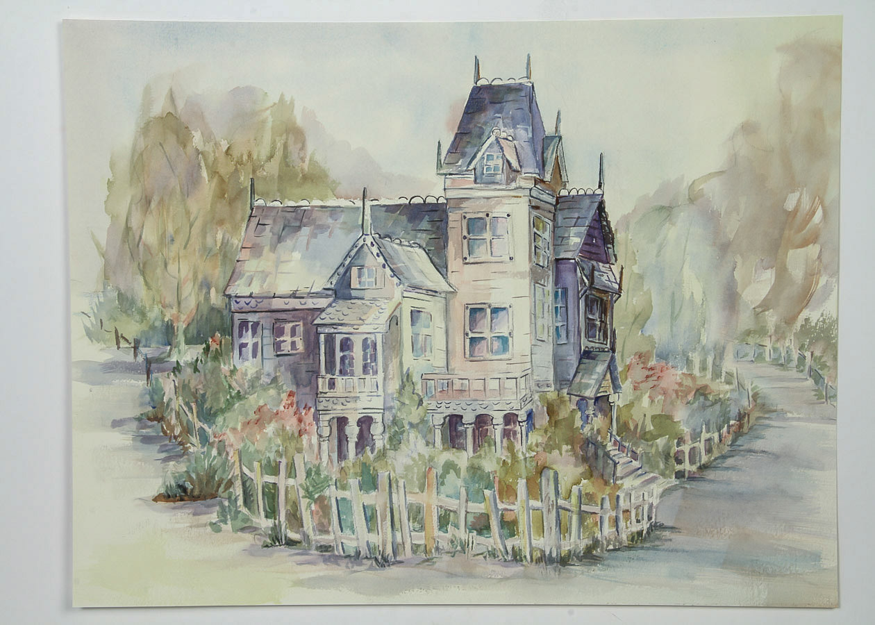 Voreen Piette Watercolor and Graphite Painting on Paper "The Haunted House"