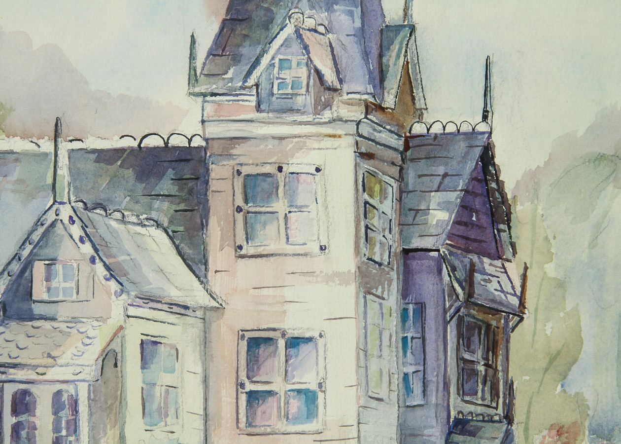 Voreen Piette Watercolor and Graphite Painting on Paper "The Haunted House"