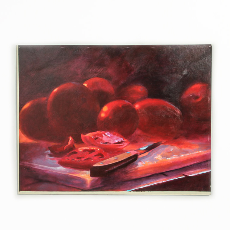 Jack Huckoker Acrylic Painting on Board "Tomatoes on a Wooden Board"