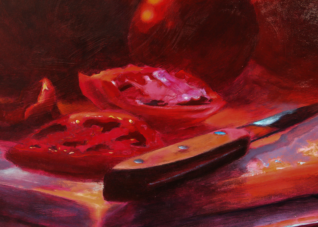 Jack Huckoker Acrylic Painting on Board "Tomatoes on a Wooden Board"