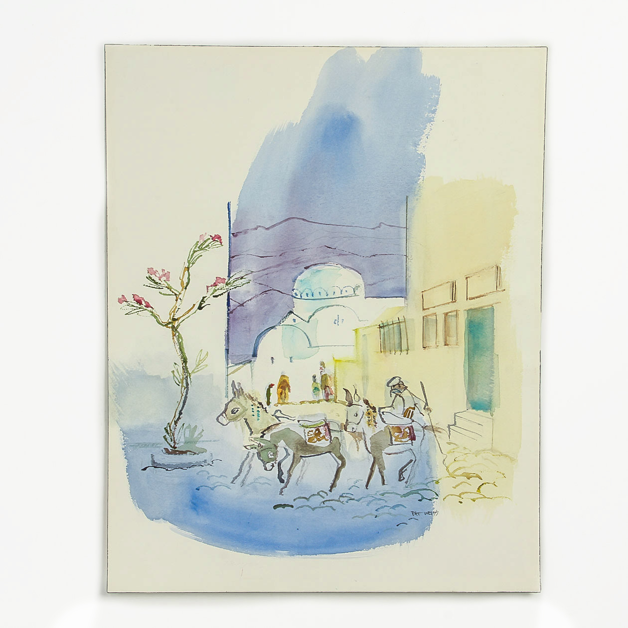 Pat Weiss Watercolor Painting on Paper "Mule Driver, Santornini Greece"