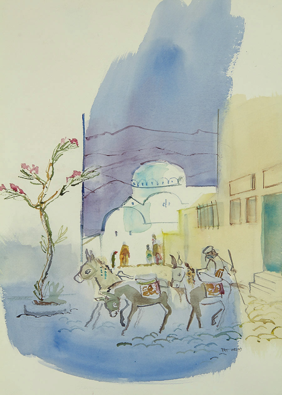 Pat Weiss Watercolor Painting on Paper "Mule Driver, Santornini Greece"