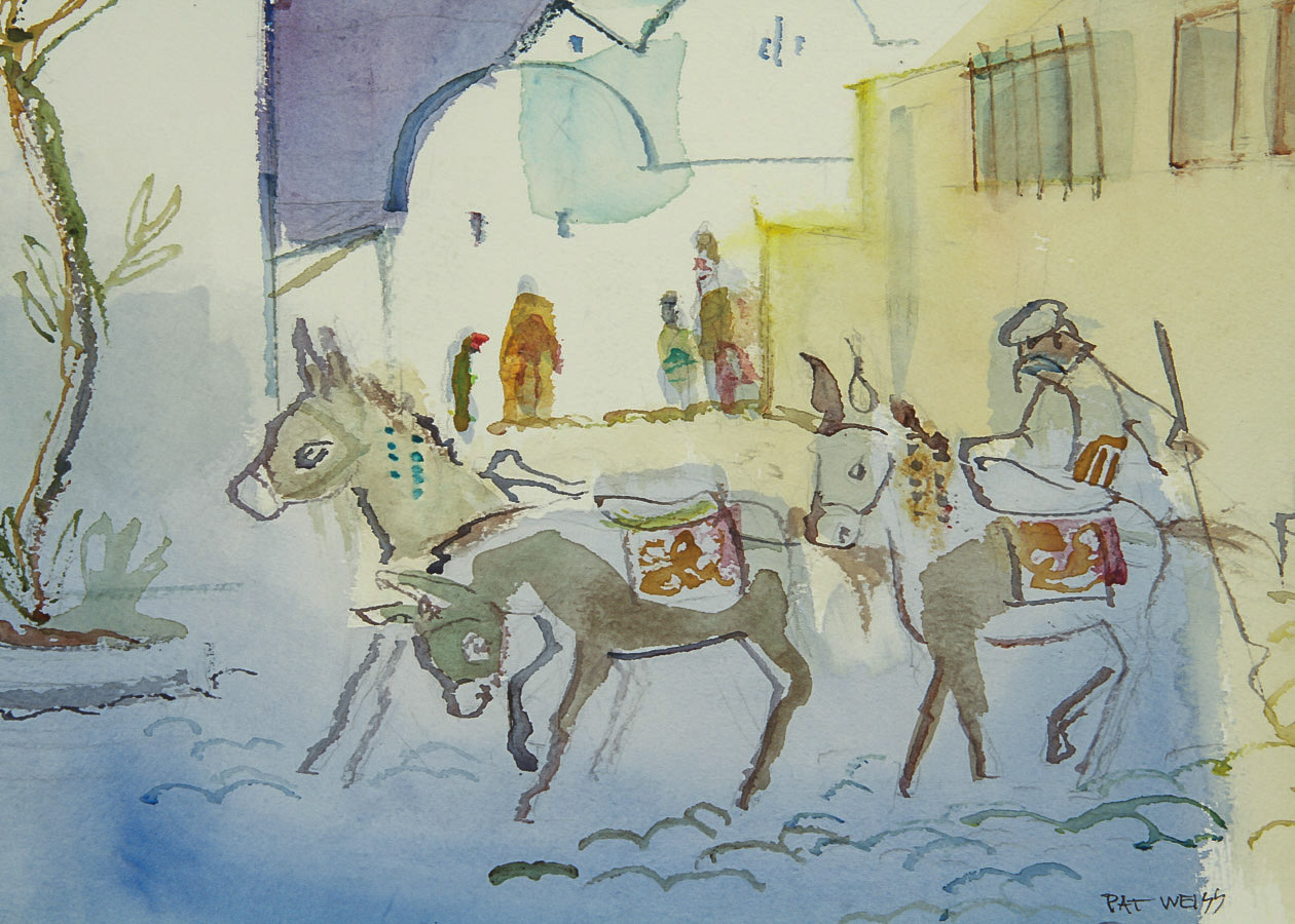 Pat Weiss Watercolor Painting on Paper "Mule Driver, Santornini Greece"