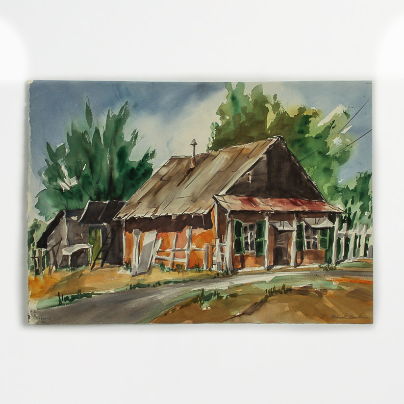 Muriel Backman Watercolor and Crayon Painting on Paper "Old Farmhouse"