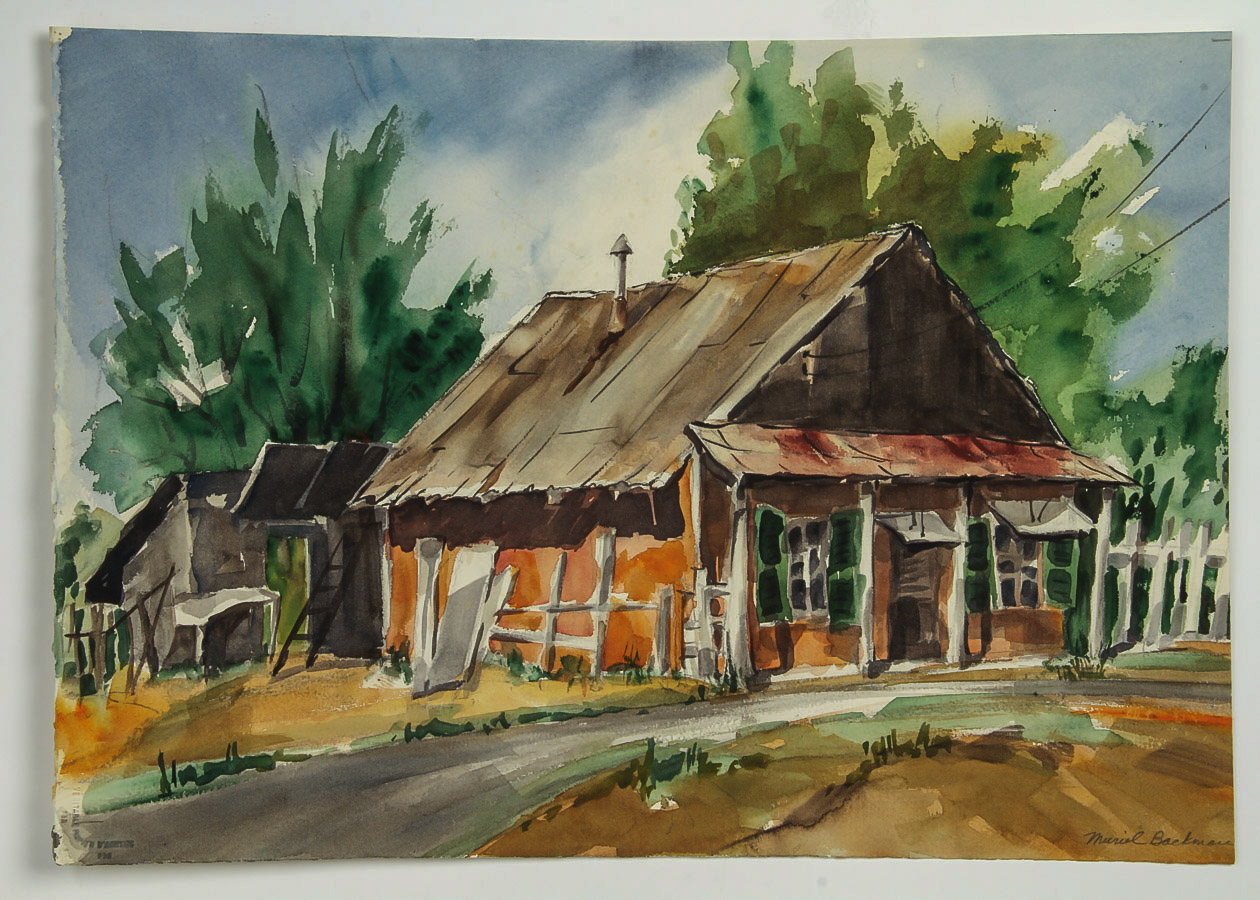 Muriel Backman Watercolor and Crayon Painting on Paper "Old Farmhouse"