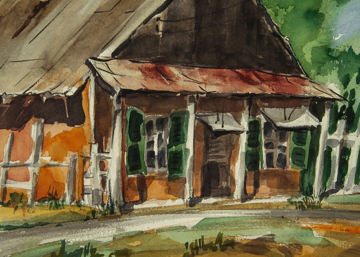 Muriel Backman Watercolor and Crayon Painting on Paper "Old Farmhouse"
