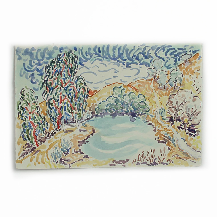 Donald Geoffroy Watercolor Painting on Paper "Lake Landscape"