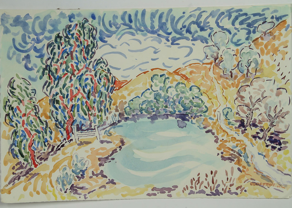 Donald Geoffroy Watercolor Painting on Paper "Lake Landscape"