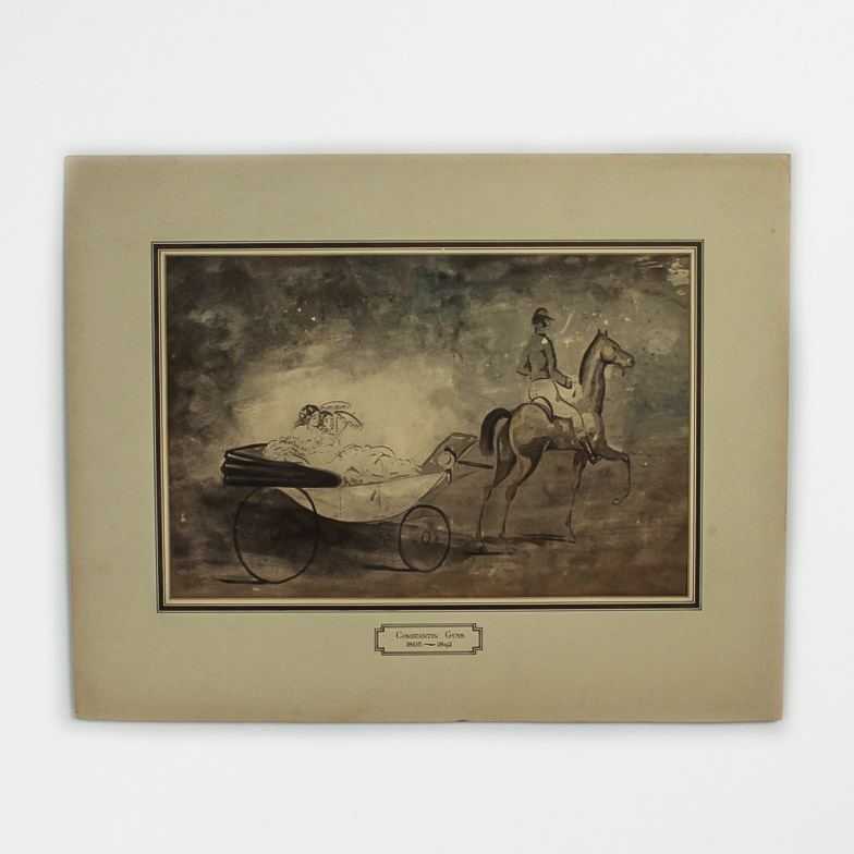 Constantin Guys Watercolor, Pen, and Ink Painting on Board "Young Women in an Open Carriage"