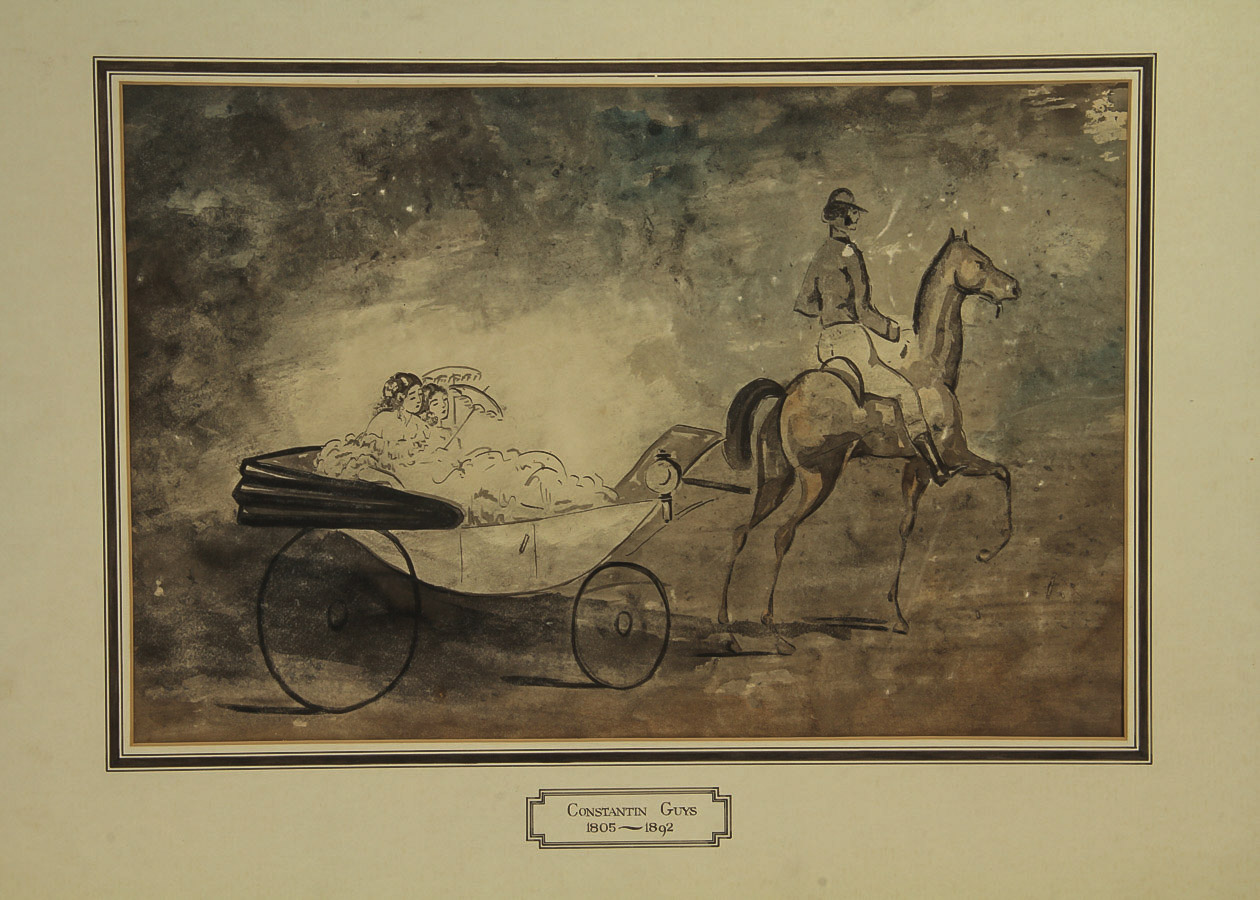 Constantin Guys Watercolor, Pen, and Ink Painting on Board "Young Women in an Open Carriage"