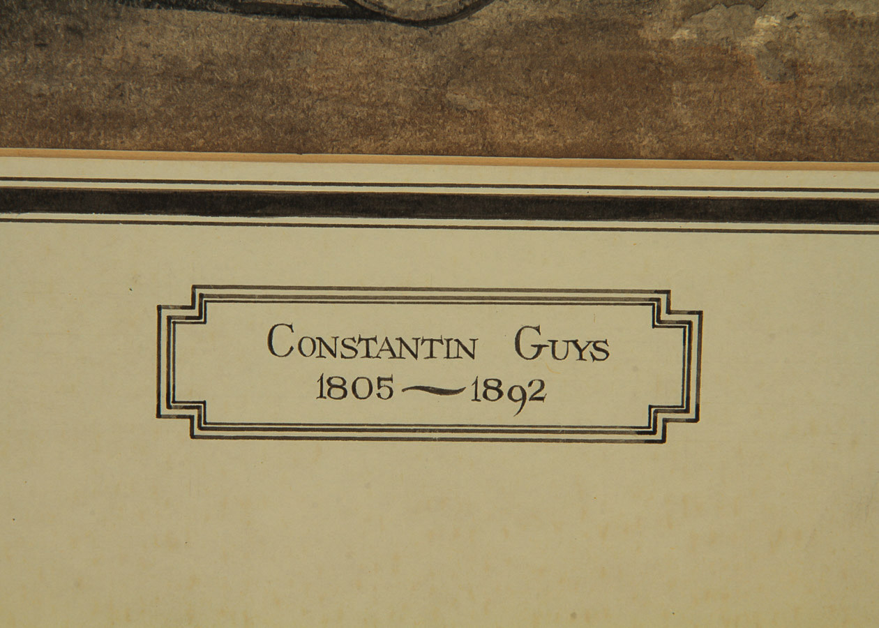 Constantin Guys Watercolor, Pen, and Ink Painting on Board "Young Women in an Open Carriage"