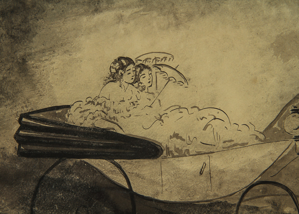 Constantin Guys Watercolor, Pen, and Ink Painting on Board "Young Women in an Open Carriage"